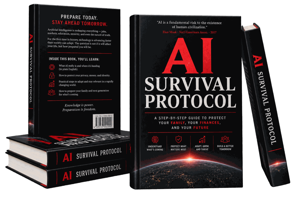 AI Survival Protocol ebook mockup showing the front cover, spine, and back cover